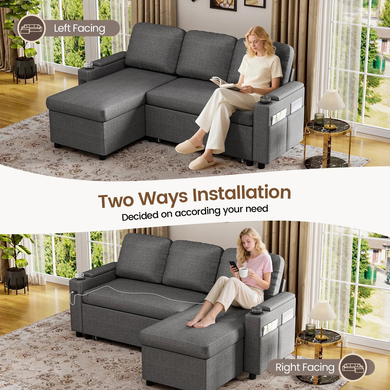 L-Shaped 2-in-1 Convertible Sofa Bed with Pull-Out Sleeper, Storage, USB Ports &amp; Cup Holder Manwatstore