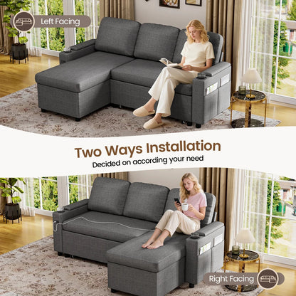 L-Shaped 2-in-1 Convertible Sofa Bed with Pull-Out Sleeper, Storage, USB Ports &amp; Cup Holder Manwatstore