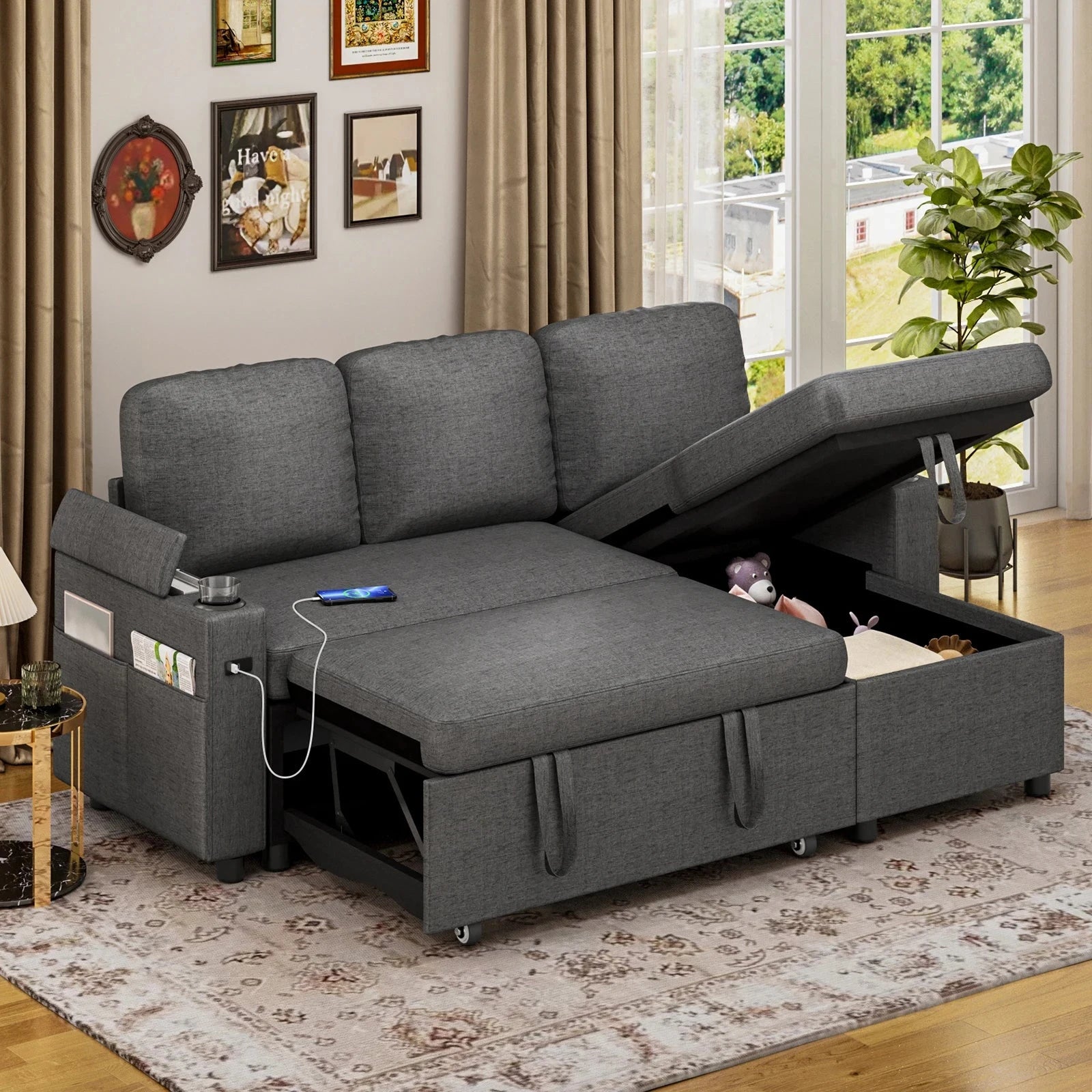 L-Shaped 2-in-1 Convertible Sofa Bed with Pull-Out Sleeper, Storage, USB Ports &amp; Cup Holder Manwatstore