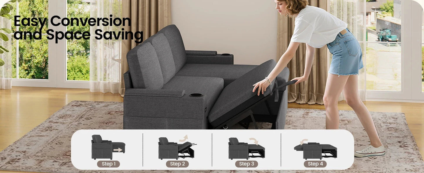 L-Shaped 2-in-1 Convertible Sofa Bed with Pull-Out Sleeper, Storage, USB Ports & Cup Holder Manwatstore