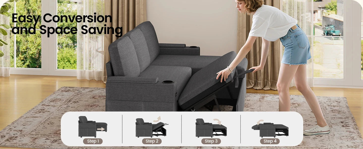 L-Shaped 2-in-1 Convertible Sofa Bed with Pull-Out Sleeper, Storage, USB Ports &amp; Cup Holder Manwatstore