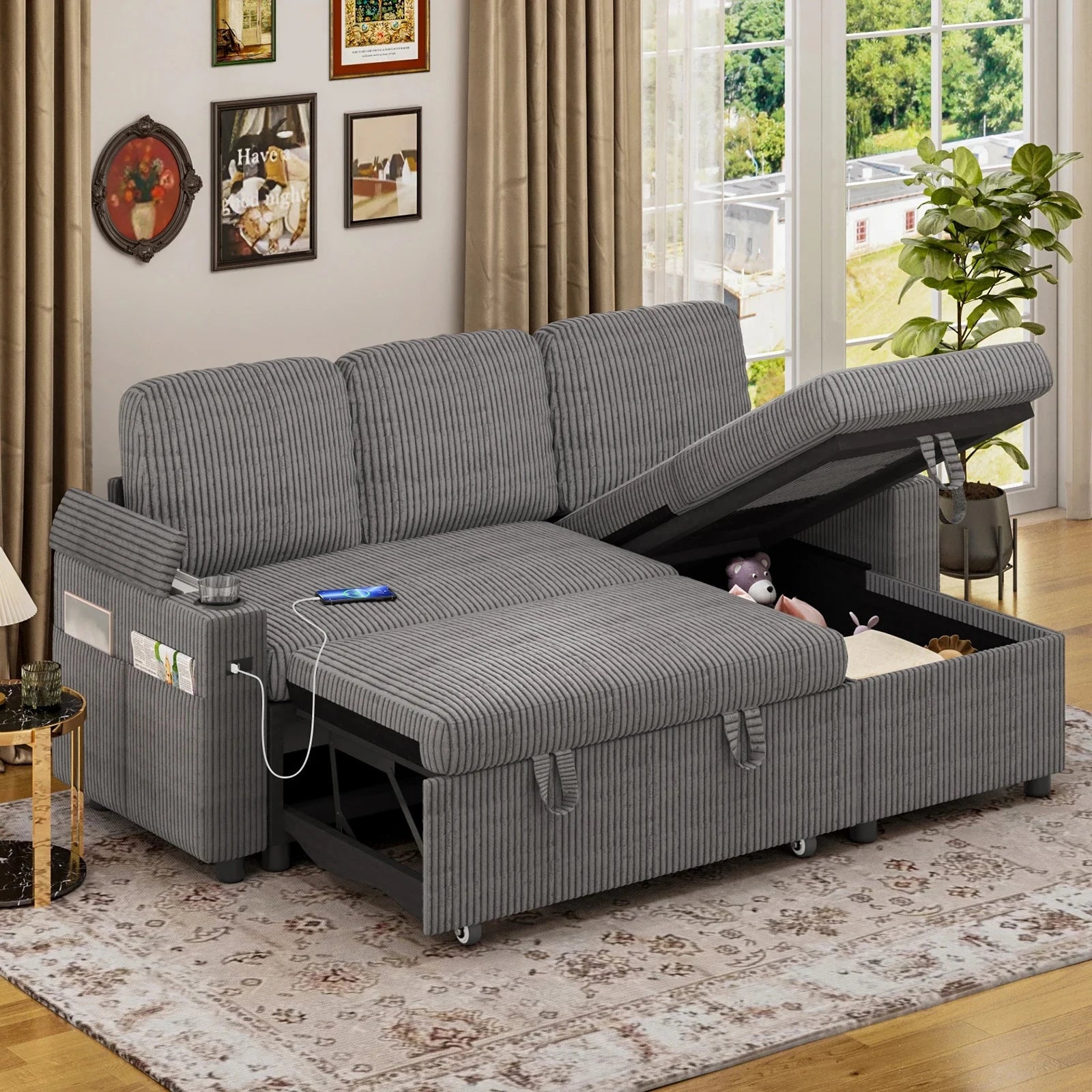 L-Shaped 2-in-1 Convertible Sofa Bed with Pull-Out Sleeper, Storage, USB Ports &amp; Cup Holder Manwatstore