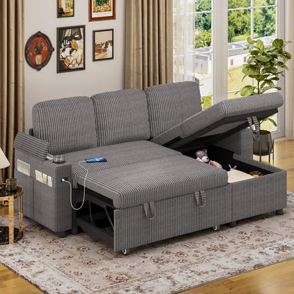 L-Shaped 2-in-1 Convertible Sofa Bed with Pull-Out Sleeper, Storage, USB Ports &amp; Cup Holder Manwatstore