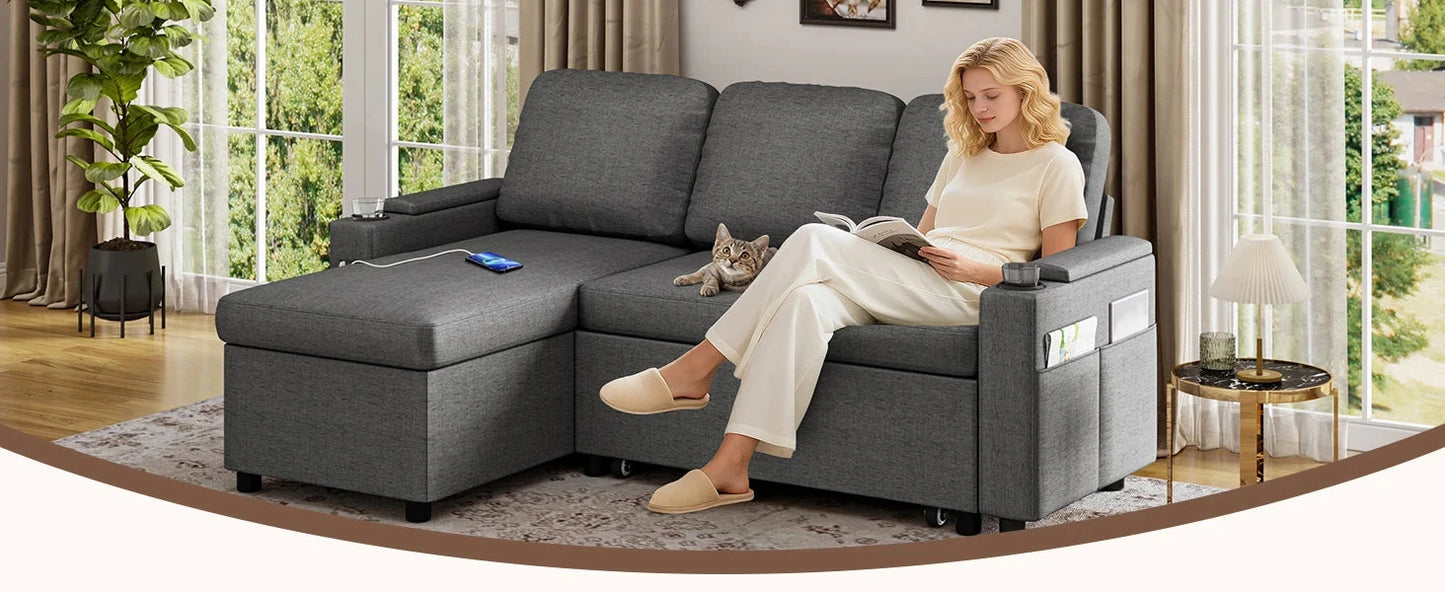 L-Shaped 2-in-1 Convertible Sofa Bed with Pull-Out Sleeper, Storage, USB Ports & Cup Holder Manwatstore