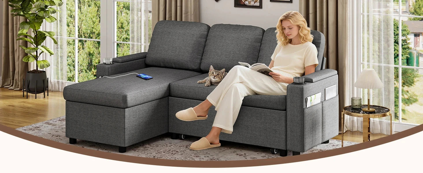 L-Shaped 2-in-1 Convertible Sofa Bed with Pull-Out Sleeper, Storage, USB Ports &amp; Cup Holder Manwatstore