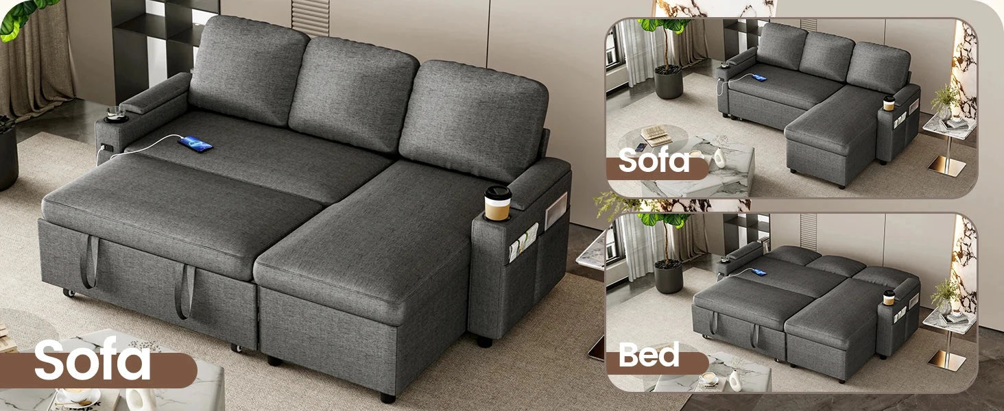 L-Shaped 2-in-1 Convertible Sofa Bed with Pull-Out Sleeper, Storage, USB Ports &amp; Cup Holder Manwatstore