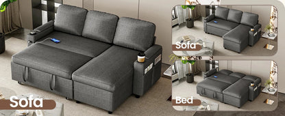 L-Shaped 2-in-1 Convertible Sofa Bed with Pull-Out Sleeper, Storage, USB Ports &amp; Cup Holder Manwatstore