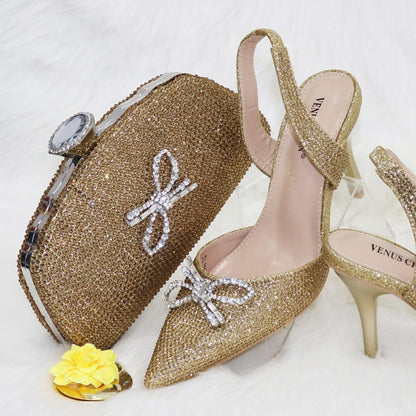 Ladies Bow Silver Buckle Design Pointed High Heels And Bags 0 Manwatstore