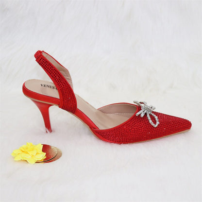 Ladies Bow Silver Buckle Design Pointed High Heels And Bags 0 Manwatstore