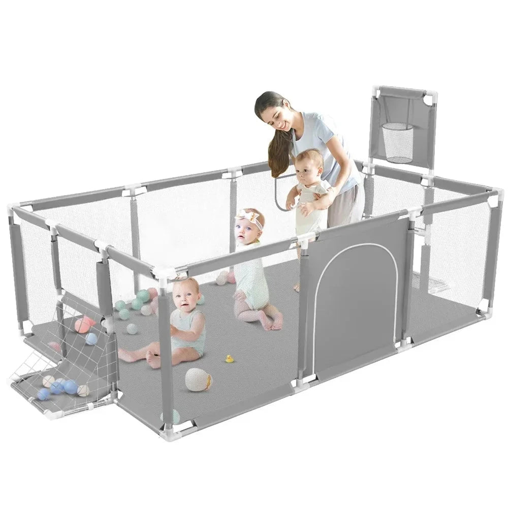 Large Baby Playpen with Basketball Hoop & Football Net – Safe, Spacious & Fun Play Yard for Toddlers Manwatstore