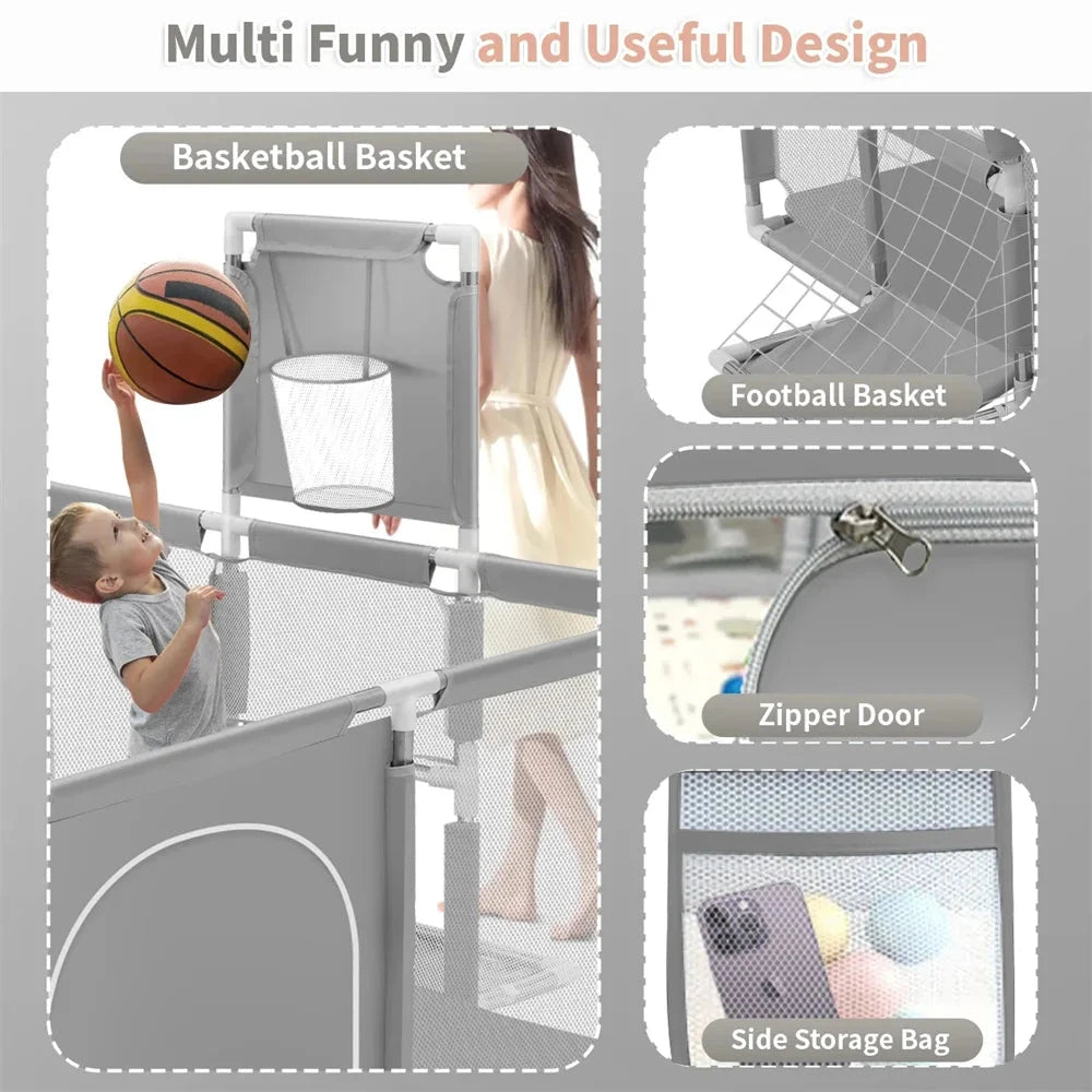 Large Baby Playpen with Basketball Hoop & Football Net – Safe, Spacious & Fun Play Yard for Toddlers Manwatstore