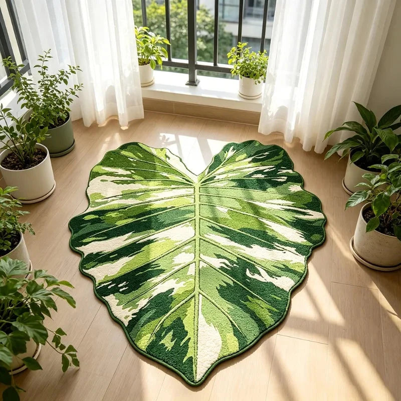 Leaf Shaped Rug – Soft Non-Slip Green Plant Floor Mat for Bedroom, Living Room &amp; Entrance Manwatstore