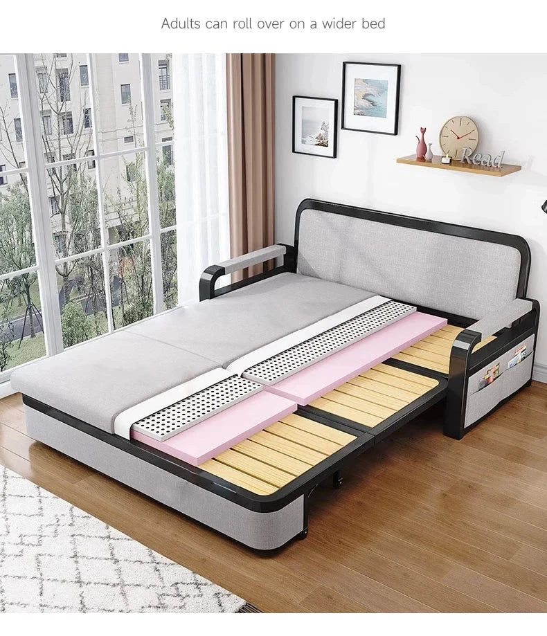 Living room dual-purpose retractable fabric sofa bed foldable multi-functional solid wood combination single bed set Manwatstore