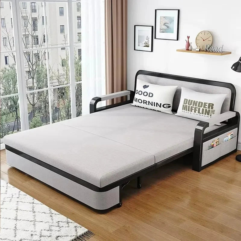 Living room dual-purpose retractable fabric sofa bed foldable multi-functional solid wood combination single bed set Manwatstore