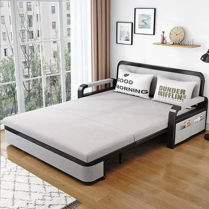 Living room dual-purpose retractable fabric sofa bed foldable multi-functional solid wood combination single bed set Manwatstore