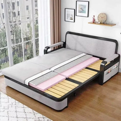Living room dual-purpose retractable fabric sofa bed foldable multi-functional solid wood combination single bed set Manwatstore