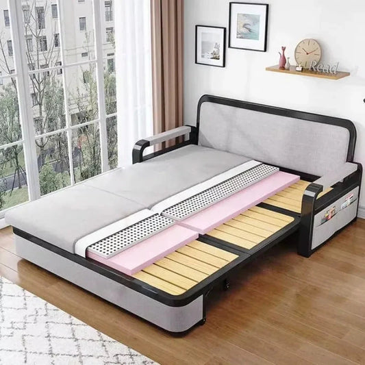Living room dual-purpose retractable fabric sofa bed foldable multi-functional solid wood combination single bed set Manwatstore