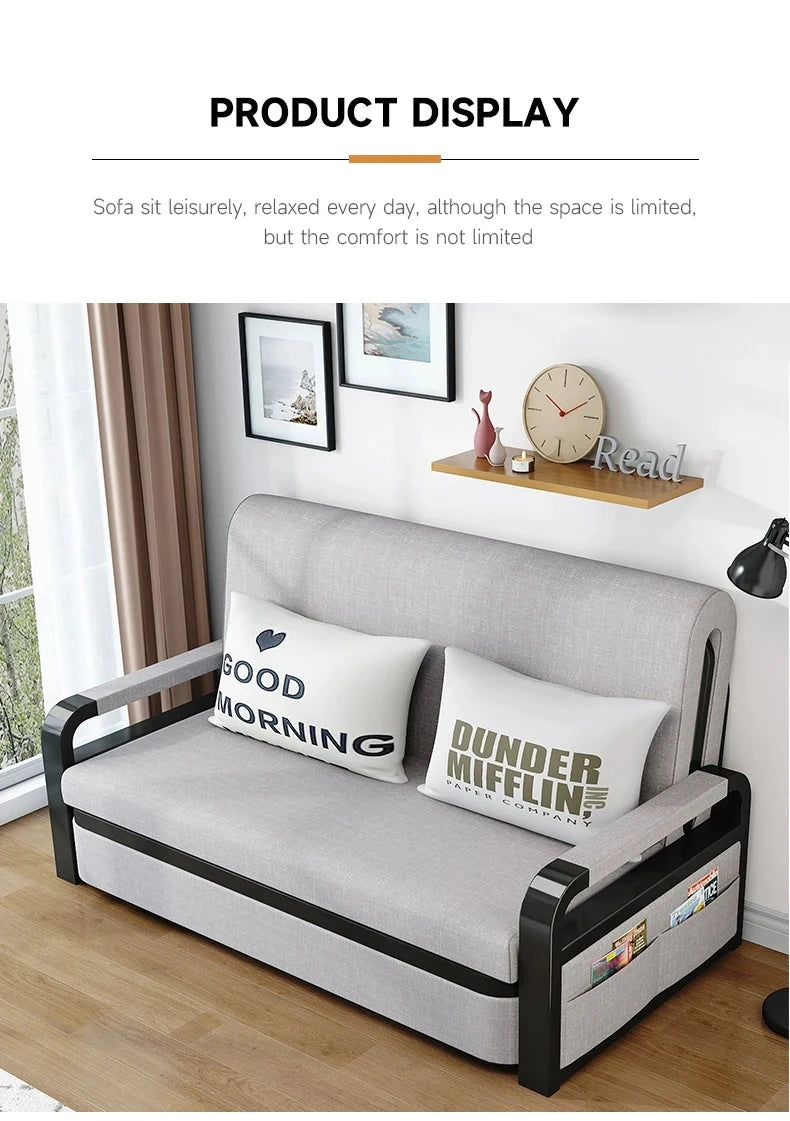 Living room dual-purpose retractable fabric sofa bed foldable multi-functional solid wood combination single bed set Manwatstore