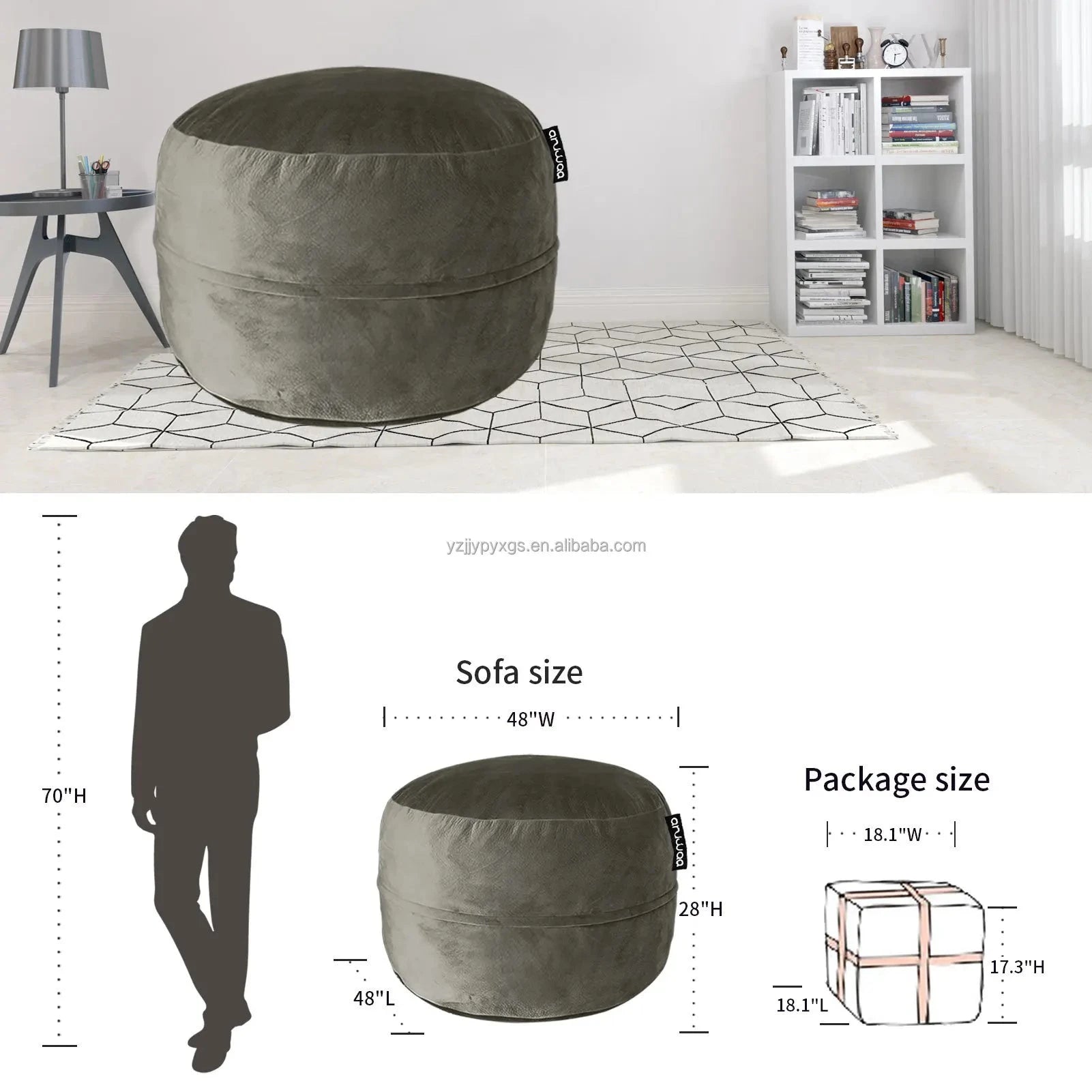 Luxury 3 Feet Foam Filled Huge Lazy Sofa Office Living Room Study Cozy Ball Bean Bag Sofa Velvet Lazy Floor Sofa Manwatstore