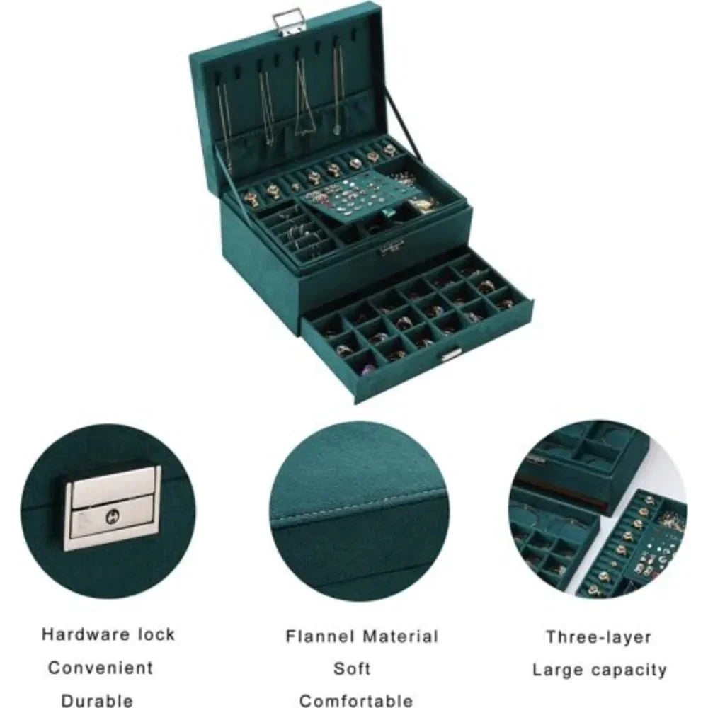 Luxury Three-Layer Dark Green Flannel Jewelry Organizer Box Manwatstore