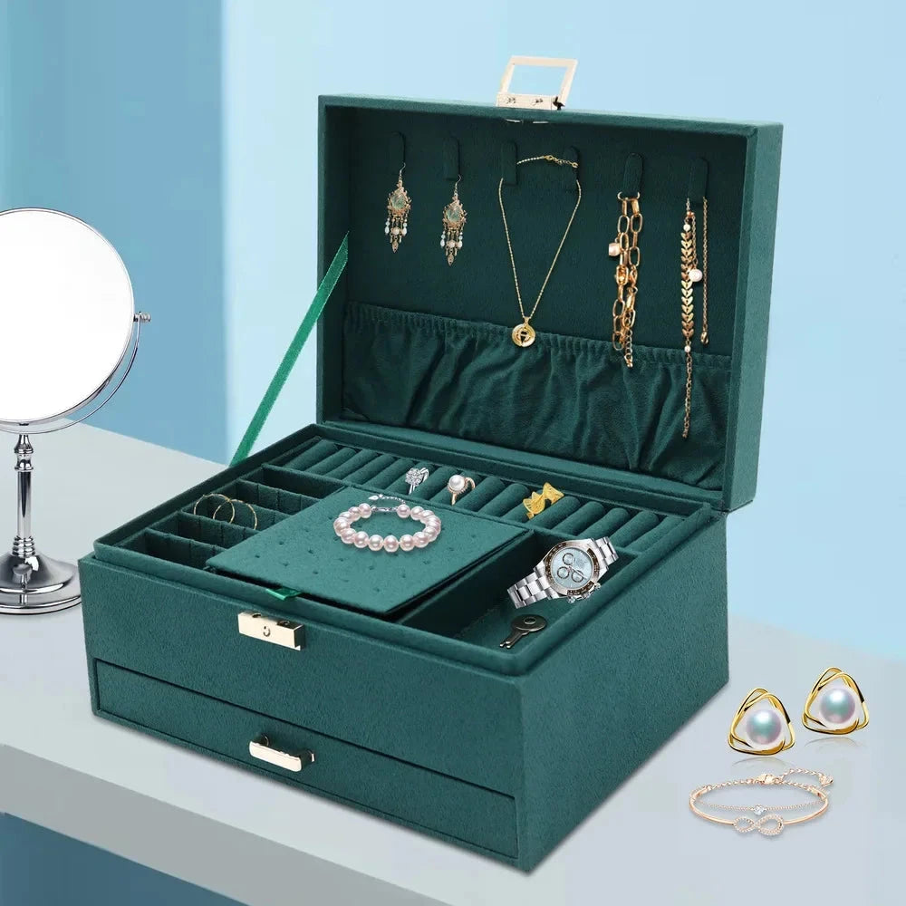 Luxury Three-Layer Dark Green Flannel Jewelry Organizer Box Manwatstore