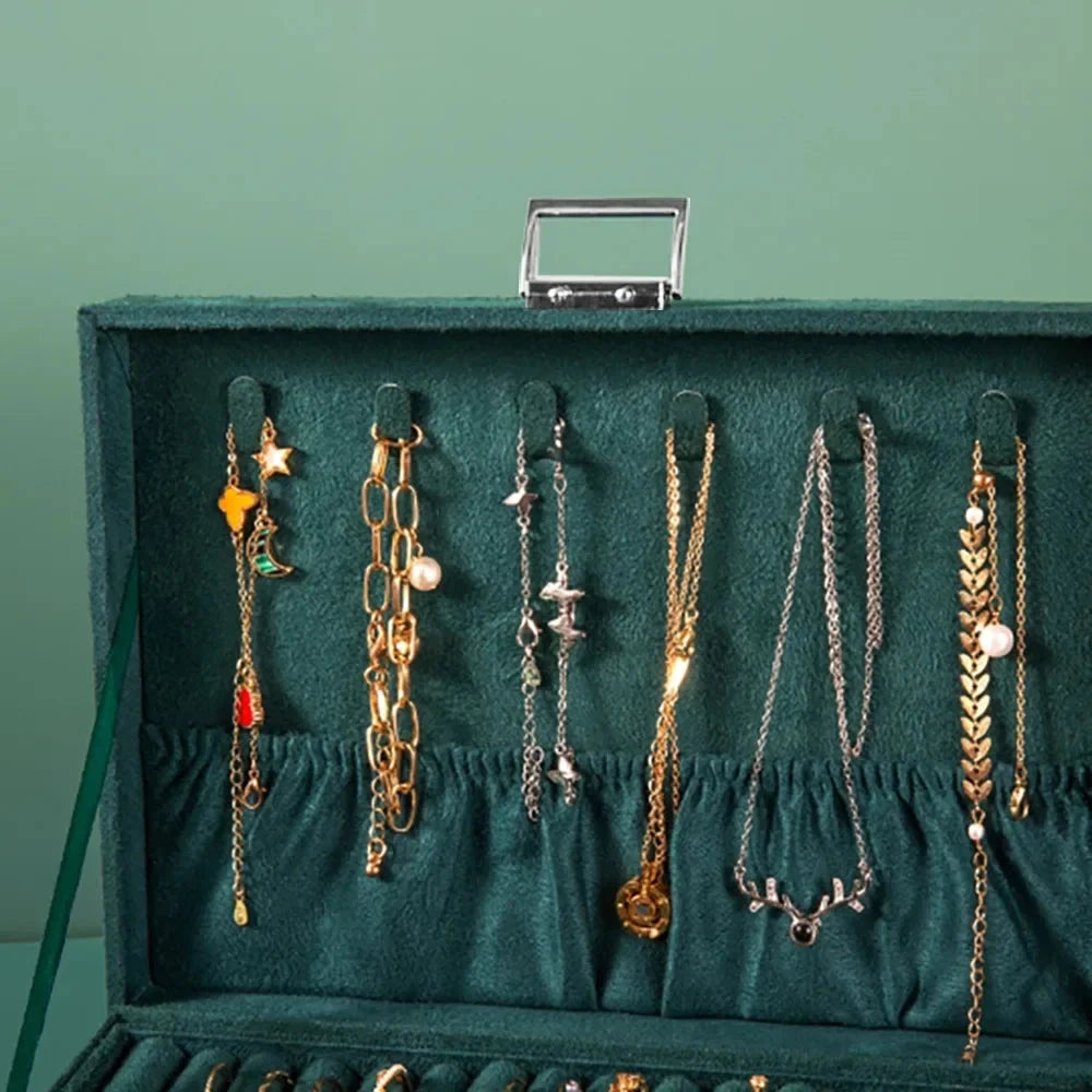 Luxury Three-Layer Dark Green Flannel Jewelry Organizer Box Manwatstore