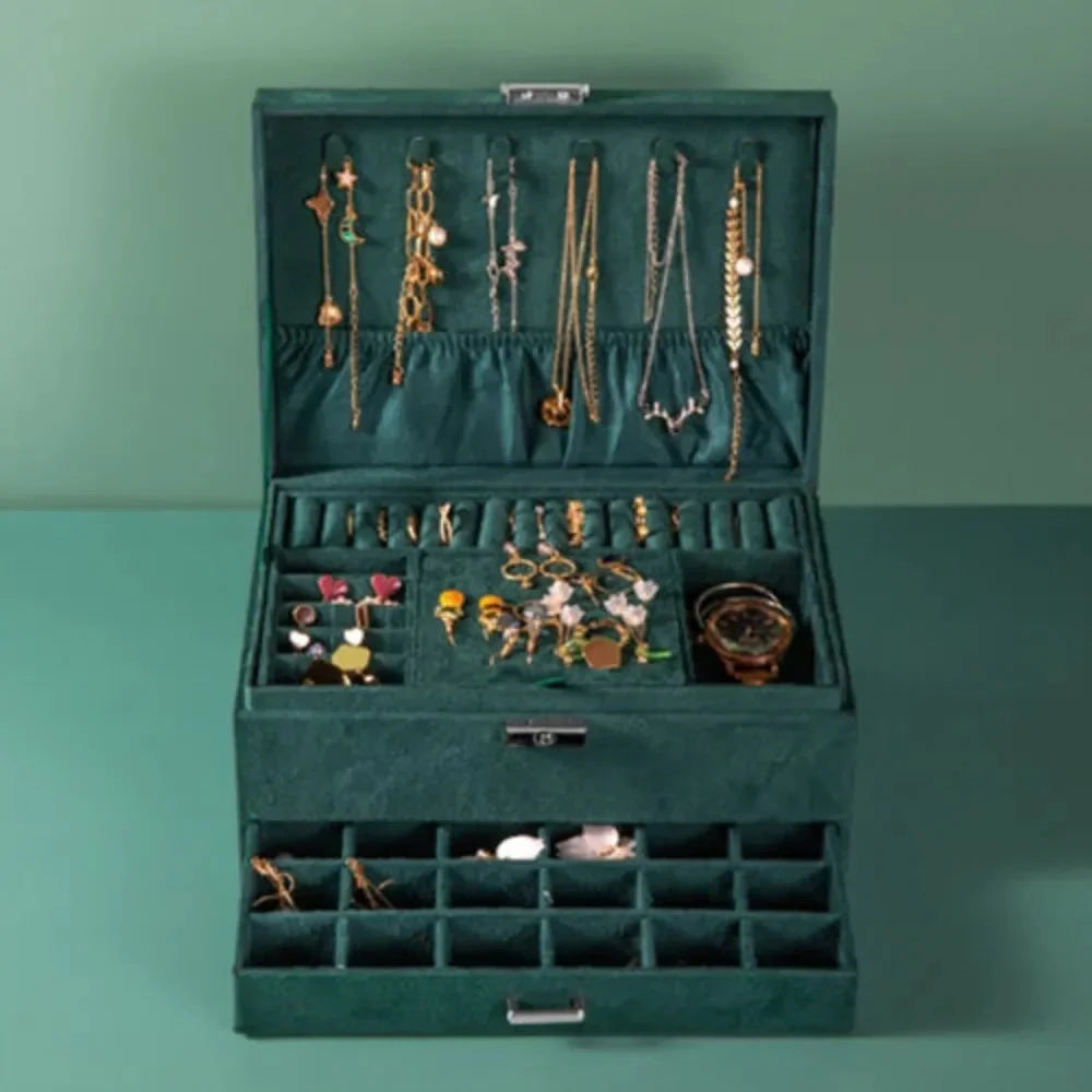 Luxury Three-Layer Dark Green Flannel Jewelry Organizer Box Manwatstore