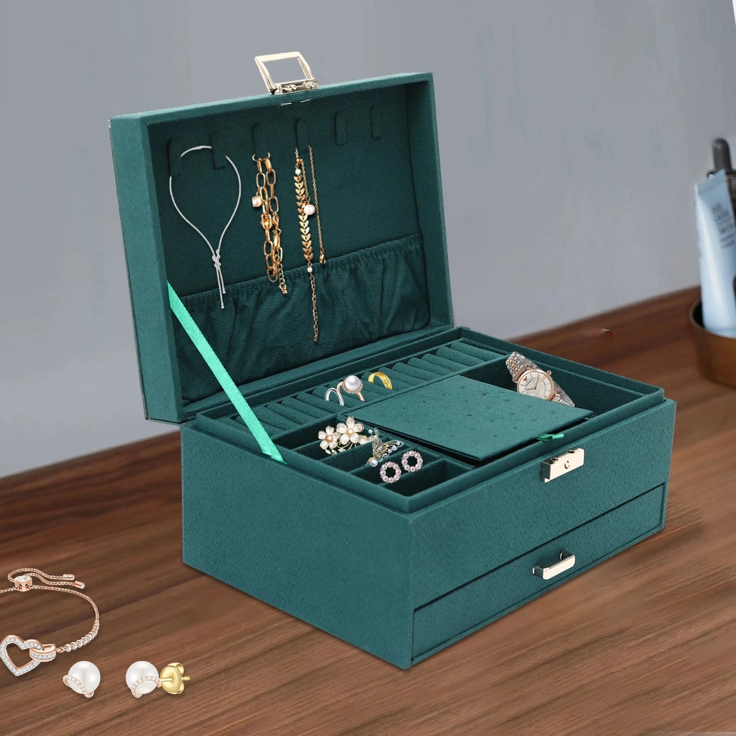 Luxury Three-Layer Dark Green Flannel Jewelry Organizer Box Manwatstore