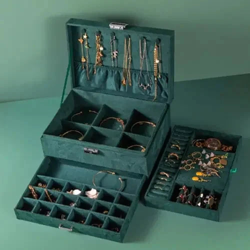 Luxury Three-Layer Dark Green Flannel Jewelry Organizer Box Manwatstore