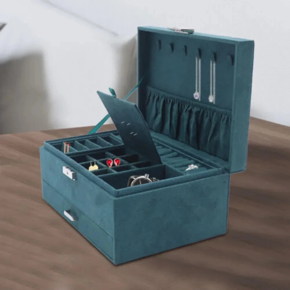 Luxury Three-Layer Dark Green Flannel Jewelry Organizer Box Manwatstore