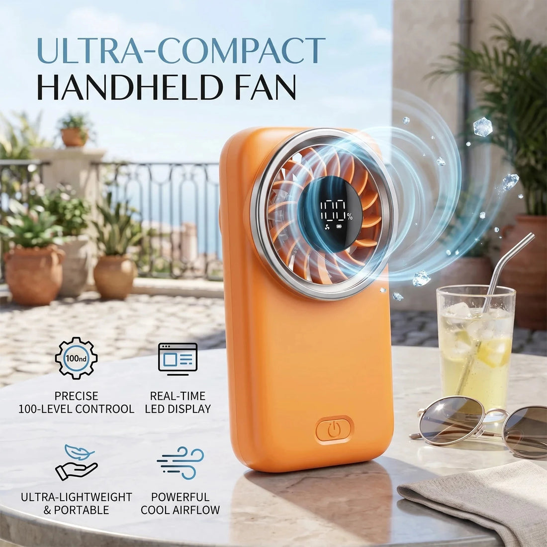 Mini Handheld Turbo Fan with 100 Speed Levels, LED Display &amp; USB Type-C Rechargeable Battery Manwatstore