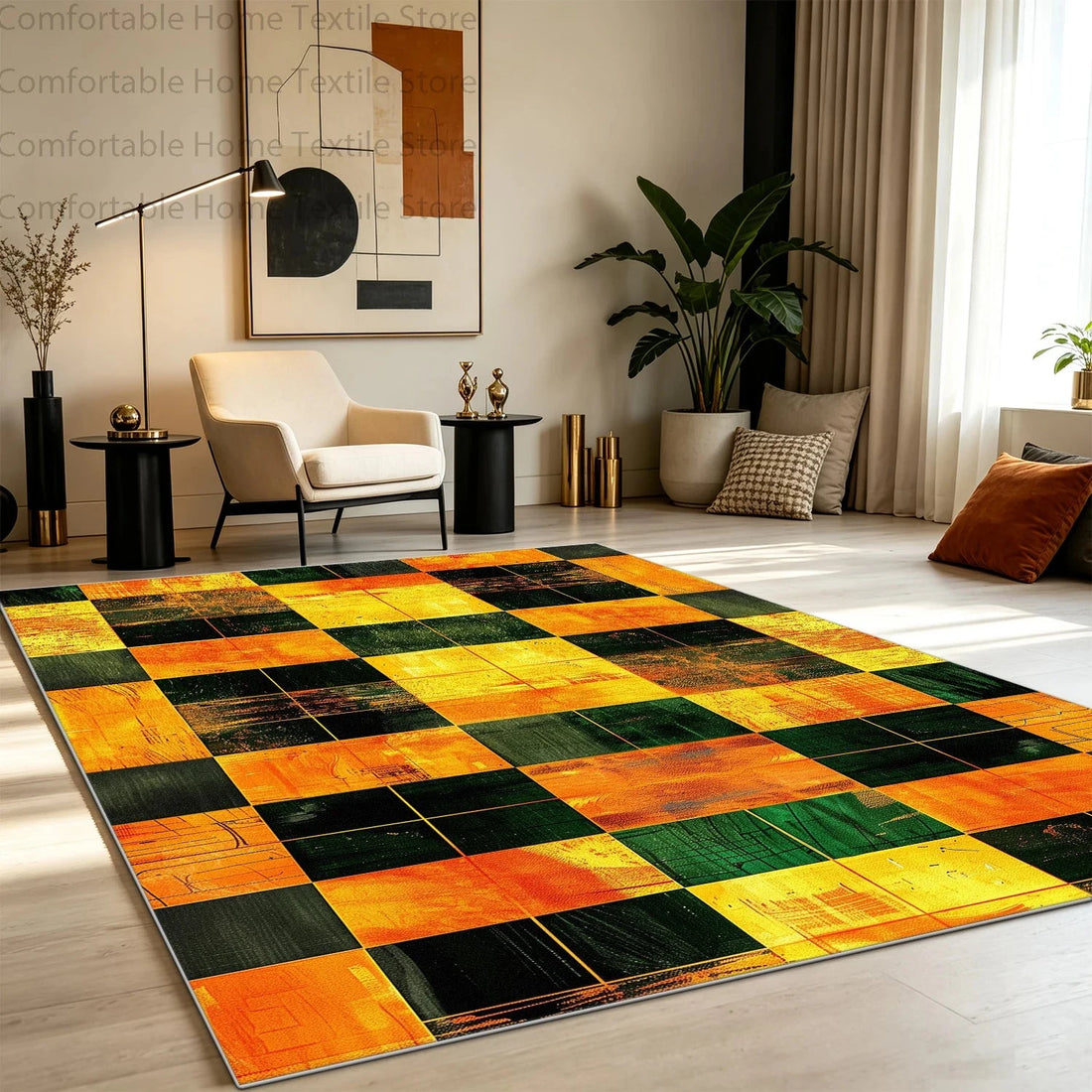 Modern Abstract Style Art Grid Lounge Carpet Non-slip Fluffy Soft Living Room Rug Washable Foldable Big Size Dining Room Mat Manwatstore