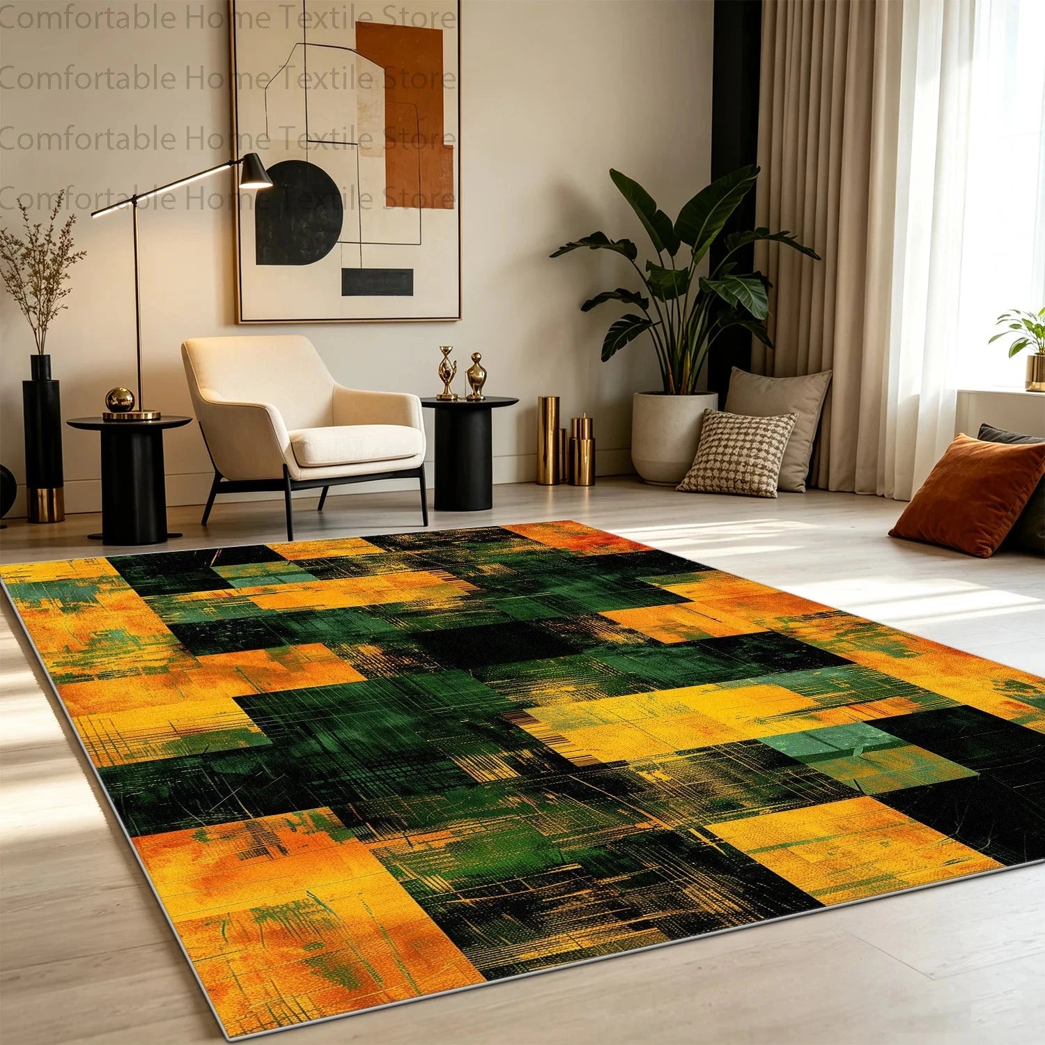 Modern Abstract Style Art Grid Lounge Carpet Non-slip Fluffy Soft Living Room Rug Washable Foldable Big Size Dining Room Mat Manwatstore