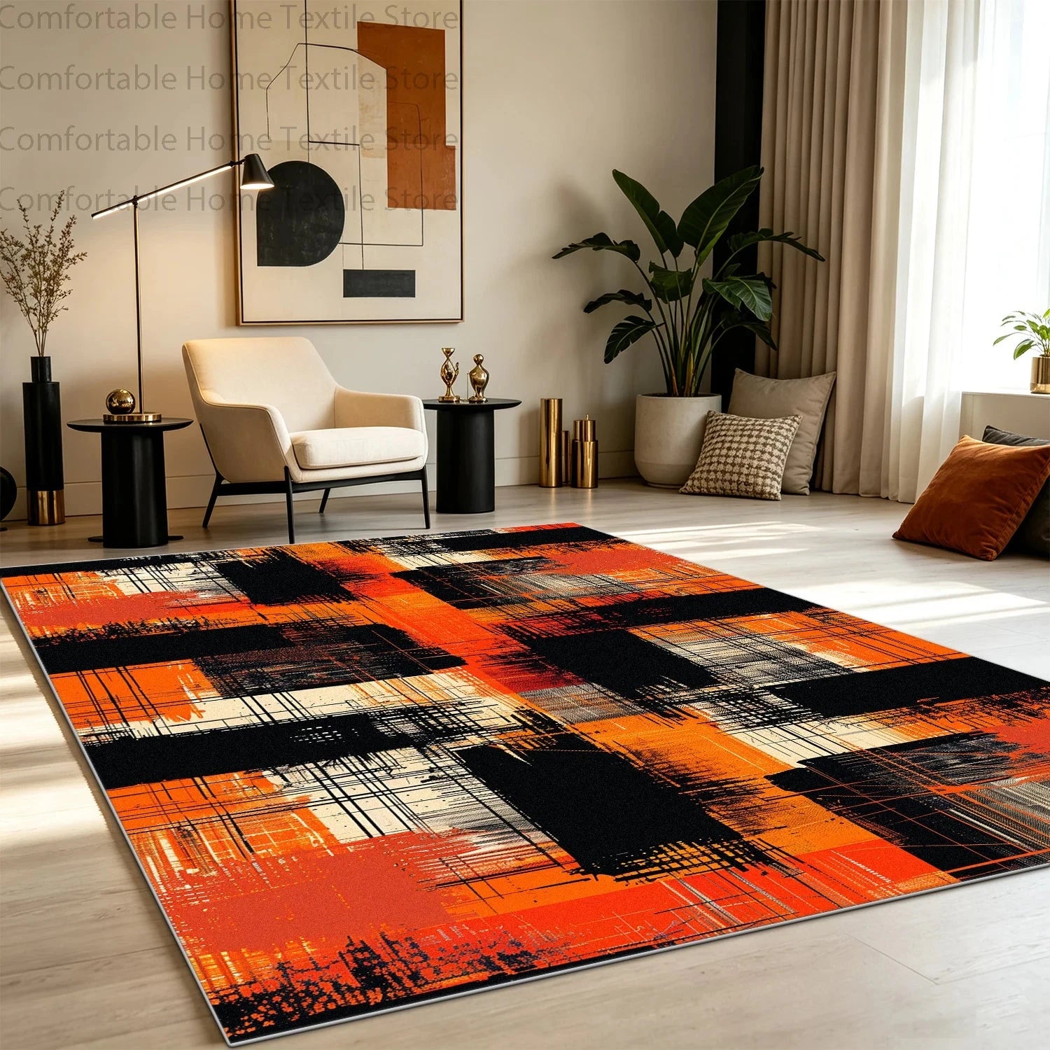 Modern Abstract Style Art Grid Lounge Carpet Non-slip Fluffy Soft Living Room Rug Washable Foldable Big Size Dining Room Mat Manwatstore