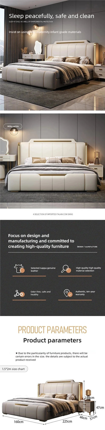 Modern Italian Luxe Leather Upholstered Bed Bed Manwatstore