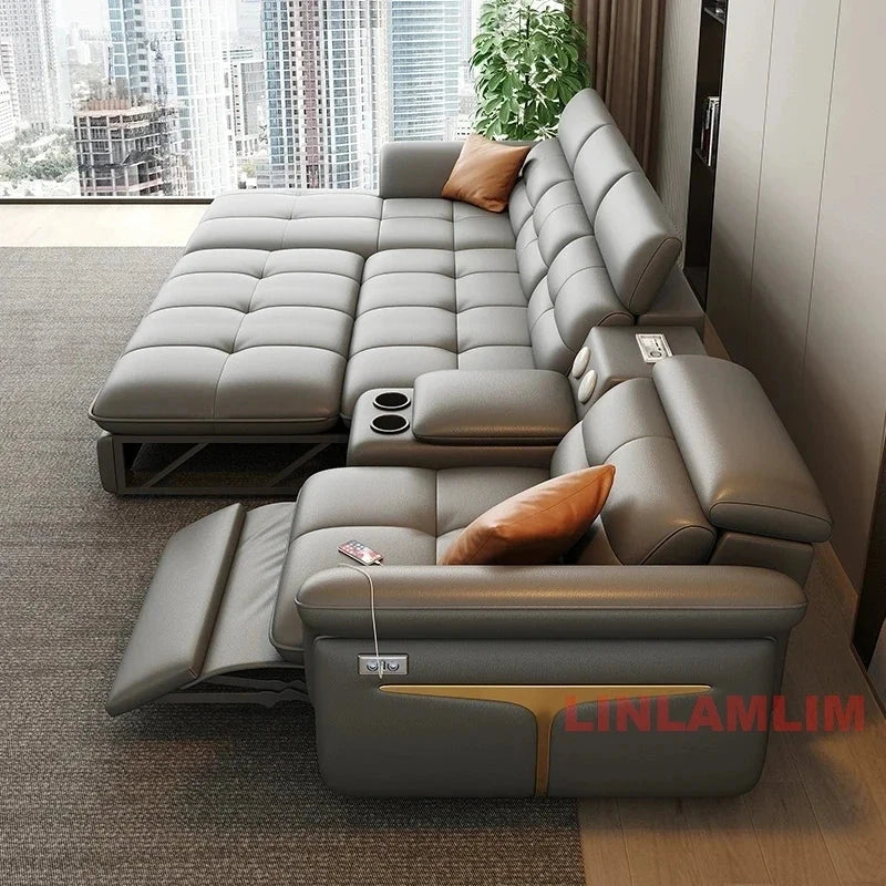 Modern L-Shaped Electric Recliner Sofa Bed – Italian Leather Sectional Couch Manwatstore