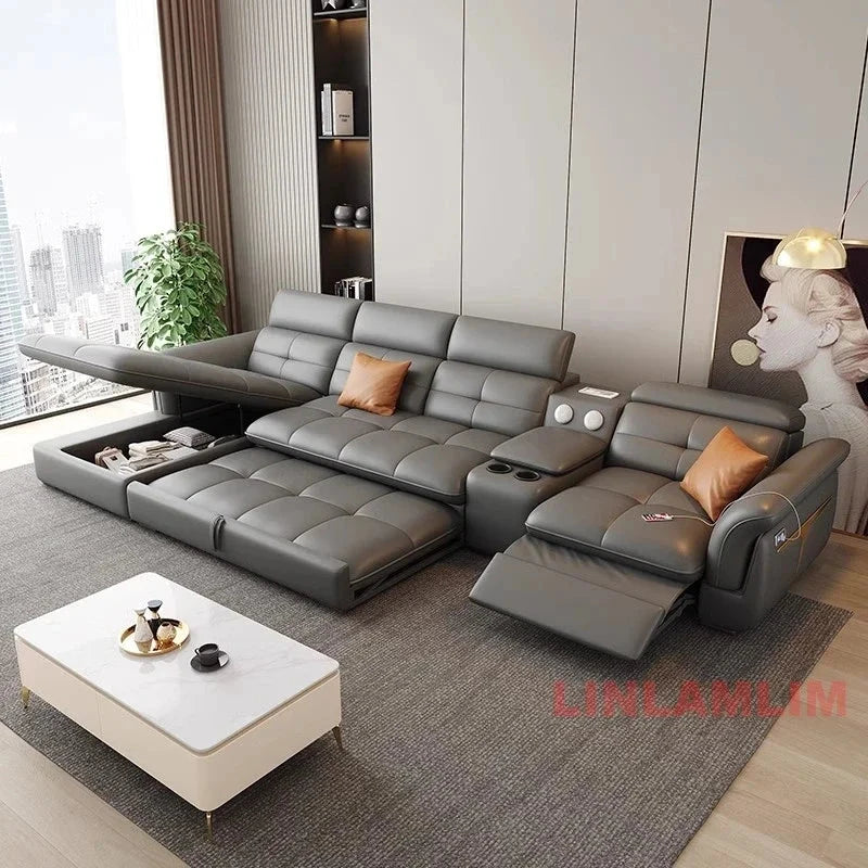 Modern L-Shaped Electric Recliner Sofa Bed – Italian Leather Sectional Couch Manwatstore