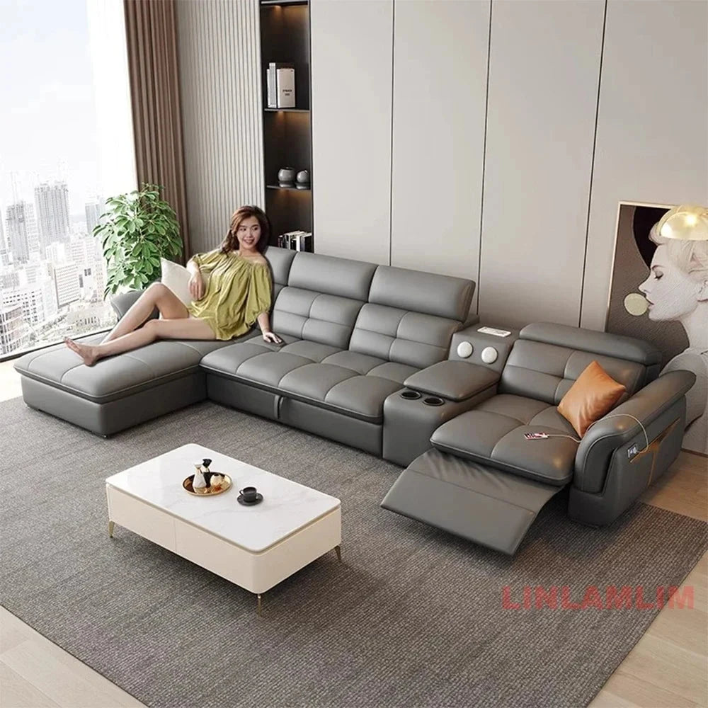 Modern L-Shaped Electric Recliner Sofa Bed – Italian Leather Sectional Couch Manwatstore