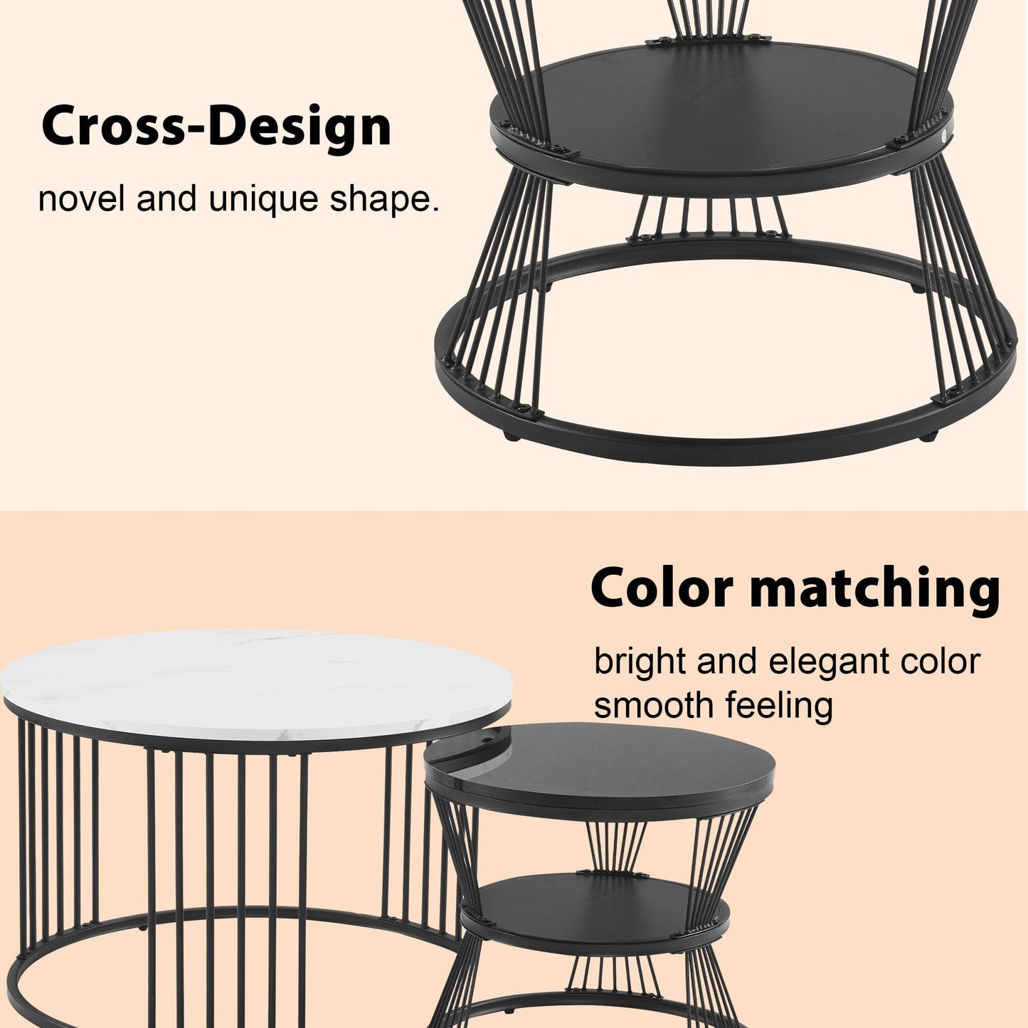 Modern Nesting Coffee Table, Coffee Table Set Marble Veneer Sofa Side Nest Of Tables Round End Tables, Set Of 2, Black Color Frame 0 Manwatstore