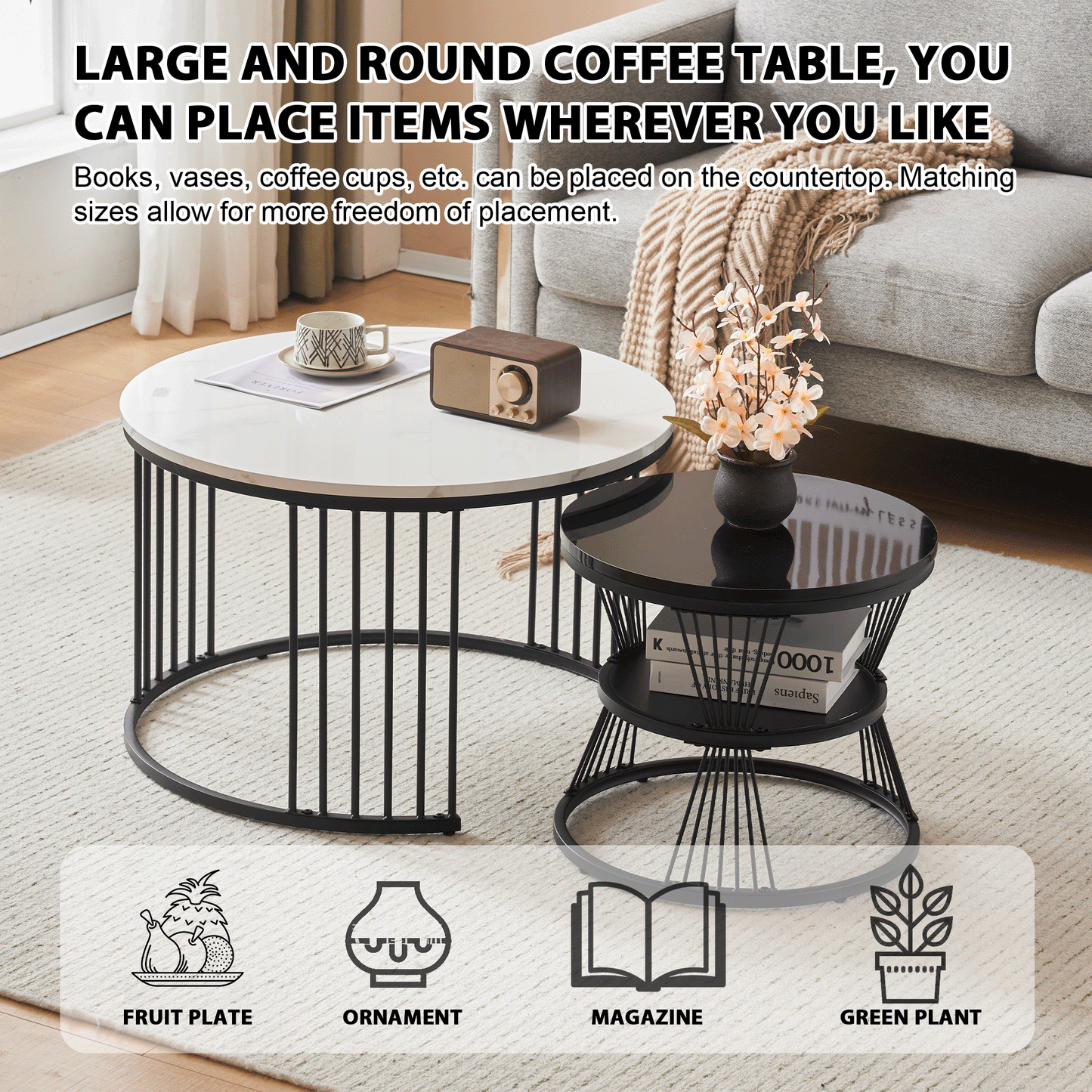 Modern Nesting Coffee Table, Coffee Table Set Marble Veneer Sofa Side Nest Of Tables Round End Tables, Set Of 2, Black Color Frame 0 Manwatstore