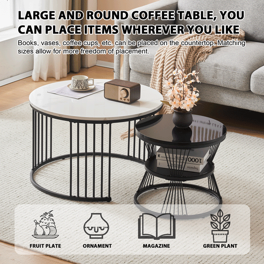 Modern Nesting Coffee Table, Coffee Table Set Marble Veneer Sofa Side Nest Of Tables Round End Tables, Set Of 2, Black Color Frame 0 Manwatstore