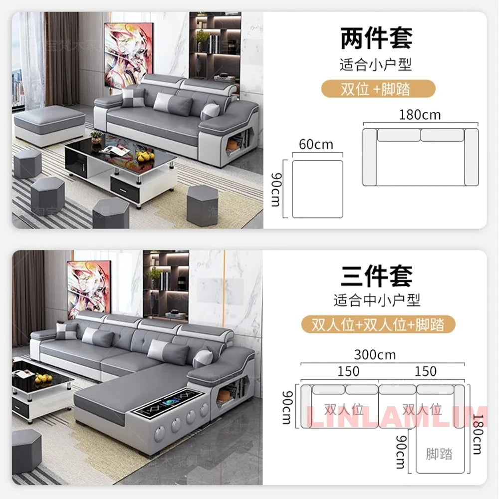 Modern Tech Fabric Sectional Sofa Set with Chaise Lounge, Bluetooth Speakers &amp; USB Charging Ports Manwatstore