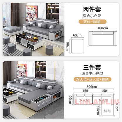 Modern Tech Fabric Sectional Sofa Set with Chaise Lounge, Bluetooth Speakers &amp; USB Charging Ports Manwatstore