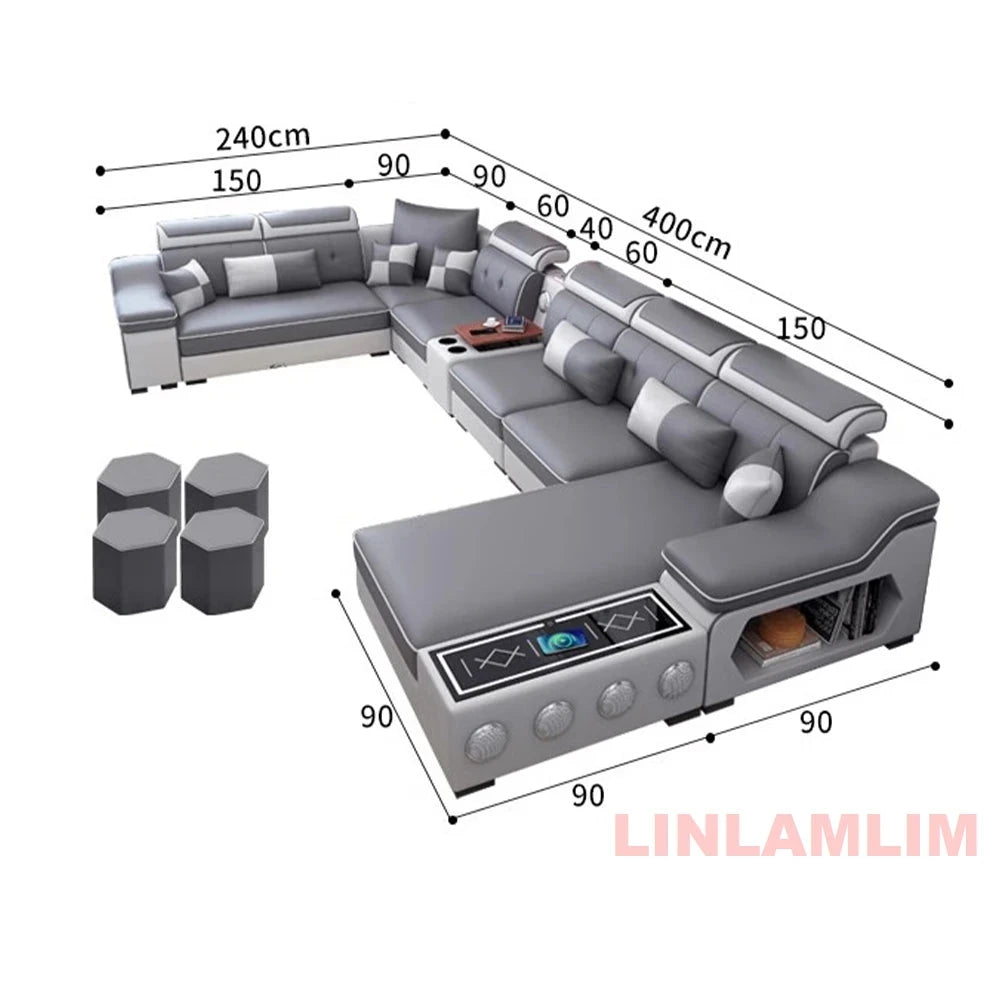 Modern Tech Fabric Sectional Sofa Set with Chaise Lounge, Bluetooth Speakers &amp; USB Charging Ports Manwatstore