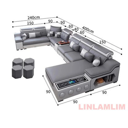 Modern Tech Fabric Sectional Sofa Set with Chaise Lounge, Bluetooth Speakers &amp; USB Charging Ports Manwatstore