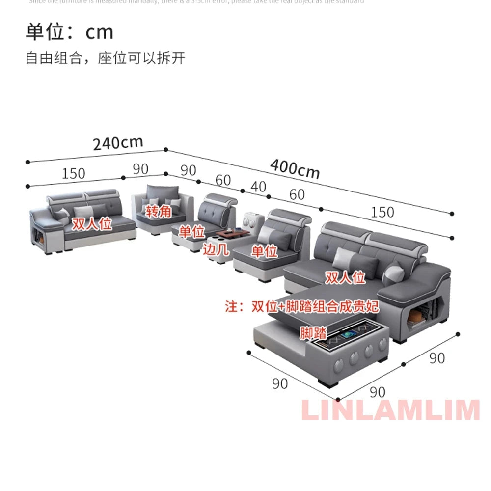 Modern Tech Fabric Sectional Sofa Set with Chaise Lounge, Bluetooth Speakers &amp; USB Charging Ports Manwatstore