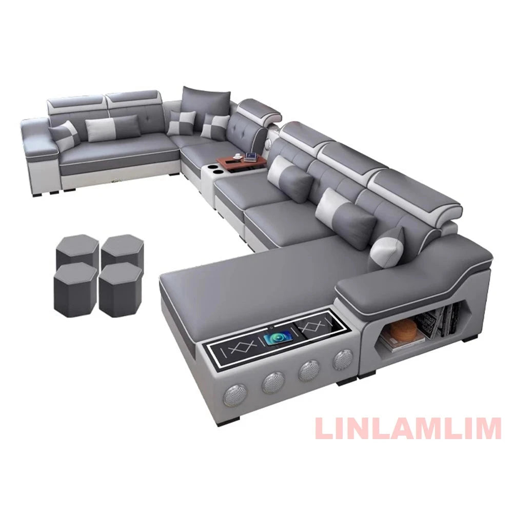 Modern Tech Fabric Sectional Sofa Set with Chaise Lounge, Bluetooth Speakers &amp; USB Charging Ports Manwatstore