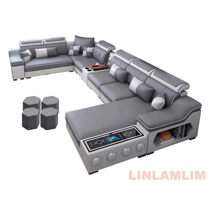 Modern Tech Fabric Sectional Sofa Set with Chaise Lounge, Bluetooth Speakers &amp; USB Charging Ports Manwatstore