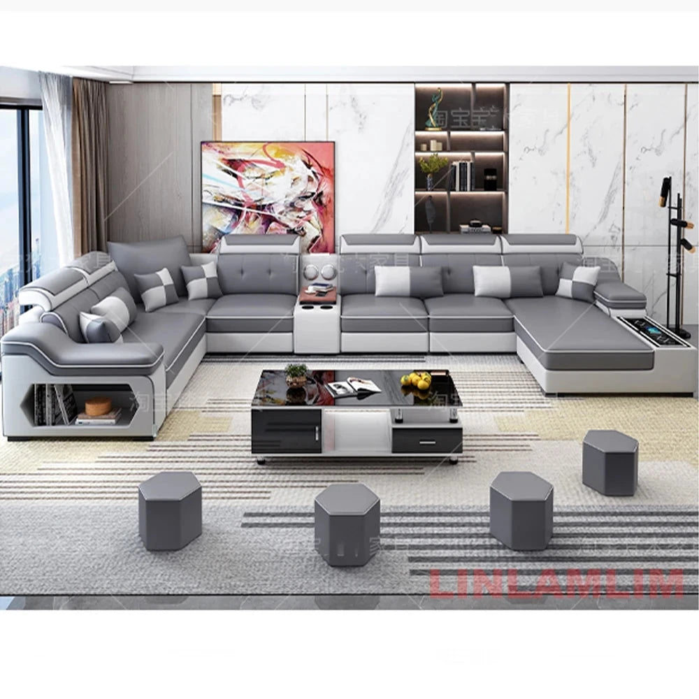 Modern Tech Fabric Sectional Sofa Set with Chaise Lounge, Bluetooth Speakers &amp; USB Charging Ports Manwatstore