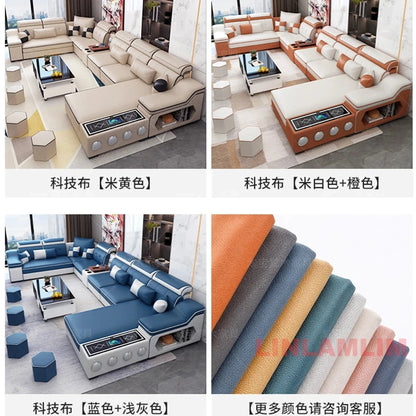 Modern Tech Fabric Sectional Sofa Set with Chaise Lounge, Bluetooth Speakers &amp; USB Charging Ports Manwatstore